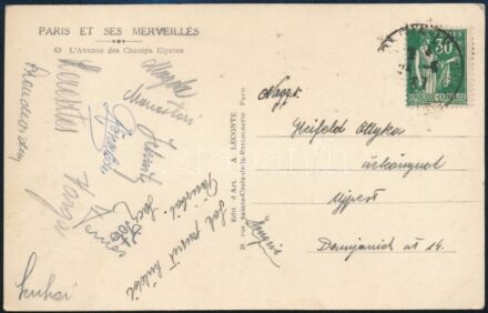 cca 1932 A Budai 11. labdarúgócsapatának tagjai által aláírt képeslap, francia vendégjátékról. Rajta Rökk Ede, Monostori, Kovács, Szilágyi, Szuhay, Nagy, Magda és mások aláírásai / Autograph signed postcard of the Hungarian