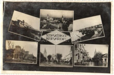 Komárom, Komárno; Duna híd, Tiszti kaszinó, utcakép, üzletek / Danube bridge, officers' casino, street view, shops (ragasztónyomok / glue marks)