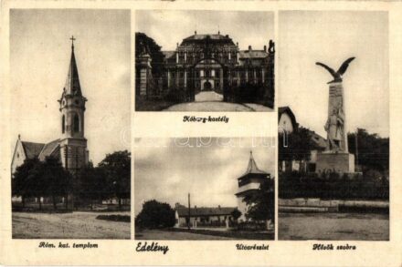 Edelény, Hősök szobra, templom, Koburg-kastély (ázott sarkak / wet corners)