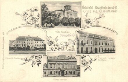 Erzsébetváros, Dumbraveni, Elisabethstadt; Villa Issekutz, Honvéd laktanya, Takarékpénztár szálloda, Városi tanács, városháza. Kiadja Soltész Albert 455. / villa, military barracks, savings bank, hotel, town hall. Floral (EK)