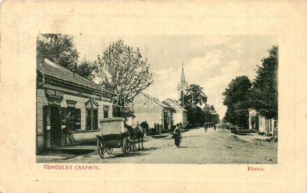 Csap, Chop; Fő utca, Friedman Bertalan üzlete, Református templom. W. L. Bp. 5676. Kiadja Glück Imre / main street, shops, Calvinist church (fa)