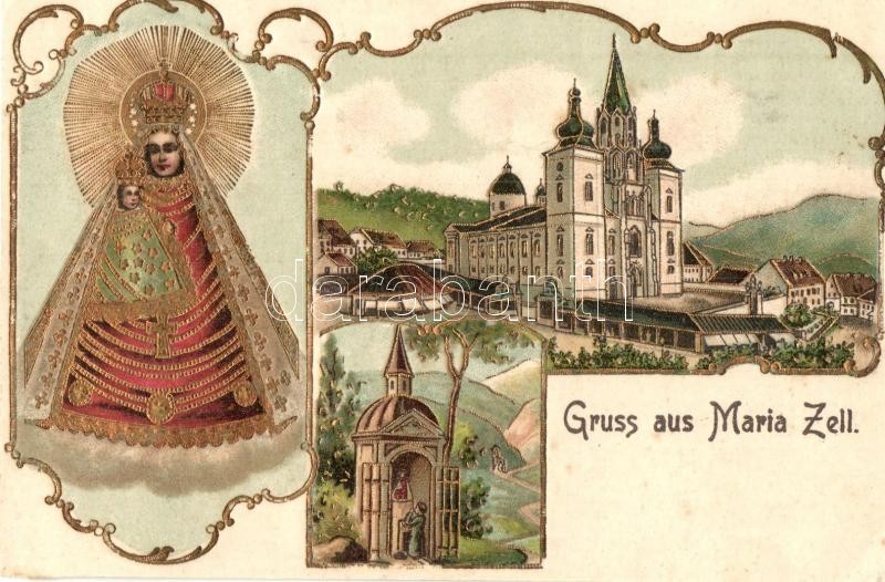 Mariazell, Basilika, Gnadenknapelle / Basilica, church, chapel, Mary statue, holy image. Art Nouveau, Emb. golden litho (vágott / cut)