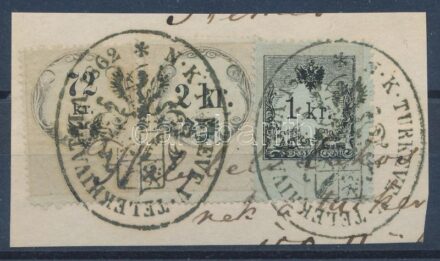 1858 Okmánybélyeg vegyes felhasználás 70kr + 2kr + 1kr kivágáson 'TURKEVE'