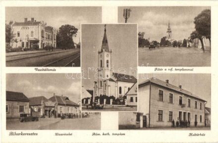 Biharkeresztes, Vasútállomás, Fő tér, Református templom, Római katolikus templom, Kultúrház, automobil, utcakép, Frisch Testvérek üzlete