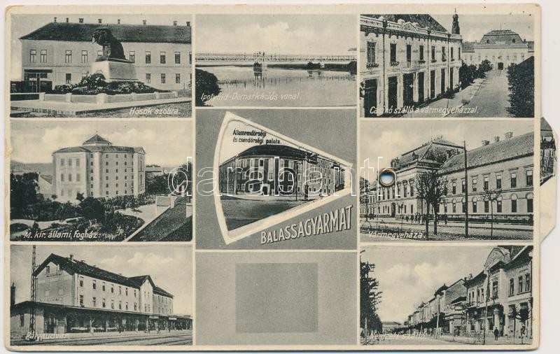 Balassagyarmat, Hősök szobra, Ipolyhíd-Demarkációs vonal, Csaino szálló, vármegyeház, Nemzeti szálló, Állami fogház, vasútállomás, államrendőrség és csendőrség. Mechanius képeslap / mechanical postcard