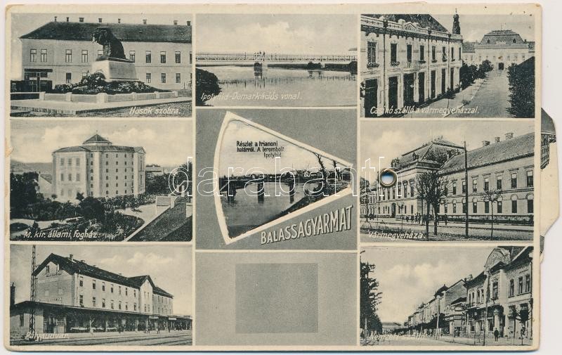 Balassagyarmat, Hősök szobra, Ipolyhíd-Demarkációs vonal, Csaino szálló, vármegyeház, Nemzeti szálló, Állami fogház, vasútállomás, államrendőrség és csendőrség. Mechanius képeslap / mechanical postcard - Image 2