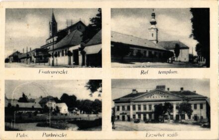 Paks, Fő utca, Református templom, Park, Erzsébet szálloda, automobil, üzlet (fl)