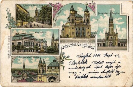 1901 Cegléd, Pesti út, Városháza, Evangélikus és református templom. Sárik Gyula kiadása, floral, Art Nouveau, litho (EK)