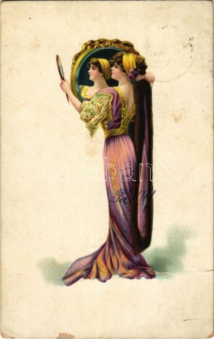1913 Lady with mirror, unsigned art postcard, litho (fa)