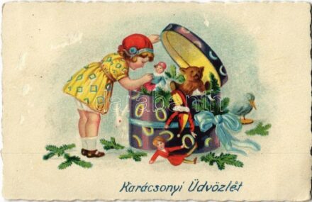1927 'Karácsonyi Üdvözlet', üdvözlőlap / Christmas greeting card, girl with presents, litho (surface damage)