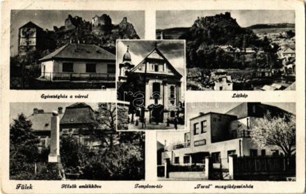 Fülek, Filakovo; Egészségház, vár, Templom tér, Hősök emlékköve, Turul mozgóképszínház / doctor's office, castle, church, monument, cinema (EK)