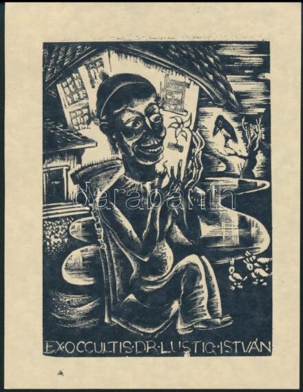 Bordás Ferenc (1911-1982): Ex occultis Dr. Lustig István. Fametszet, papír, 11x8 cm