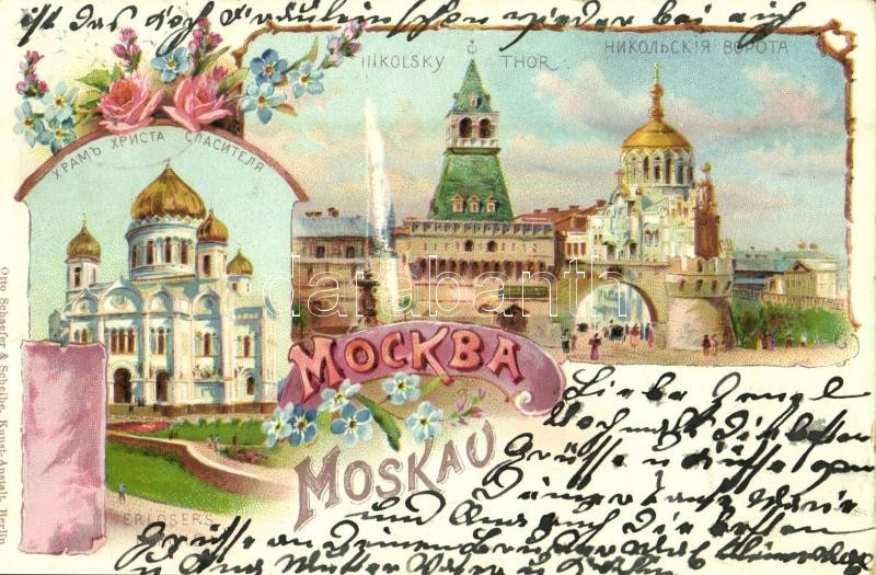 1900 Moscow, Moskau, Moscou; Nikolsky Thor, Erlöser's Kirche / Nikolaevsky gate, Cathedral of Christ the Saviour. Otto Schaefer & Scheibe. Art Nouveau, floral, litho (EK)