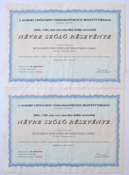Nyíregyháza 1999. 'Szaport Cipőgyártó Vámszabadterületi Részvénytársaság' névre szóló részvénye 100$-ról (2x) sorszámkövetők, rendkívül alacsony '000001-000002' sorszámmal T:I ázásnyom
