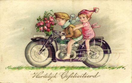 1931 'Hartelijk Gefeliciteerd' / children on a motorbike, greeting card, 'Begro' Serie 8582 (EK)