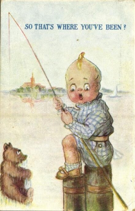 1929 'So that's where you've been?', child with fishing rod, teddy bear, humour (EK)