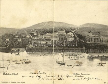 1902 Balatonfüred. Kinyitható panorámalap, Kampmann H. kiadása (hajtásnál szakadt / torn at fold)