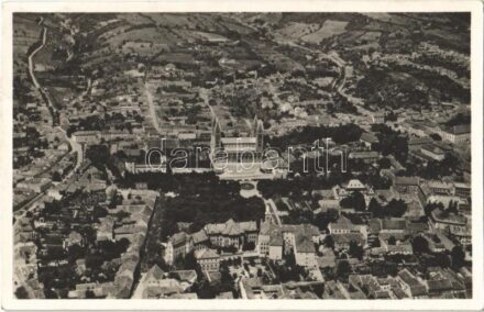 Pécs, M. kir. Állami Térképészet légi felvétele. Blancz József kiadása + 'Pécsi Ünnepi Játékok Missa Sollemnis 1938. június 4-12-ig Jöjjön Pécsre! Utazási Kedvezmények!' So. Stpl.