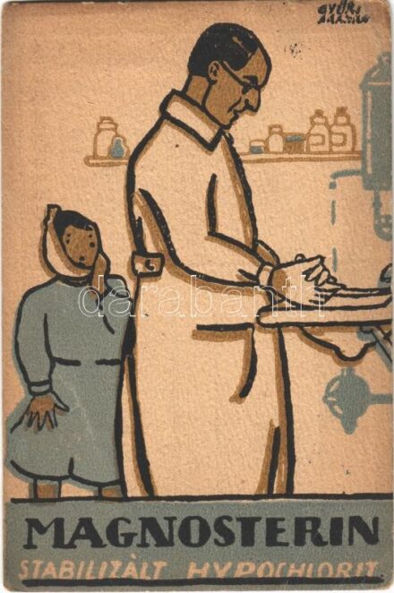 Magnosterin, stabilizált hypiclhlorit készítmény. Chinoin gyógyszer és vegyitermékek gyára rt. reklámlapja Újpesten / Hungarian pharmacy's advertisement, medicine s: Győri Aranka (EK)