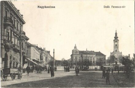 1914 Nagykanizsa, Deák Ferenc tér, templom, piac. Hirschler tőzsde kiadása