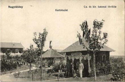 1914 Budapest XXII. Nagytétény, Cs. és kir. katonai lövölde, kert, kerekeskút, katonák. Weigand István kiadása 2794.