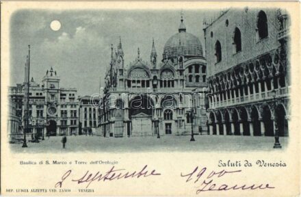 1900 Venezia, Venice; Basilica di S. Marco e Torre dell'Orologio / Saint Mark's Basilica, clock tower. Dep. Luigia Alzetta Ved. Zanco