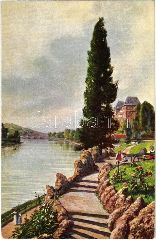 Torino, Turin; Castello del Valentino, Fiume Po / Castle of Valentino, River Po. artist signed
