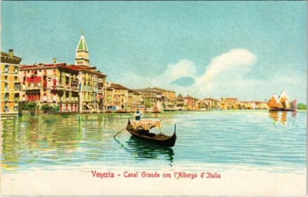 Venezia, Venice; Canal Grande con l'Albergo d'Italia / Grand Canal, hotel, boat. Ferd. Gobbato litho