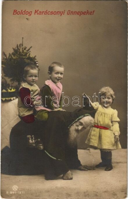 1907 Boldog Karácsonyi Ünnepeket! / Christmas greeting card with children and Santa Claus