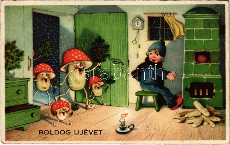 Boldog Újévet! / New Year greeting card, mushroom + '1939 Téli sport a Kassai havasokban Sporthét Kassa' So. Stpl.