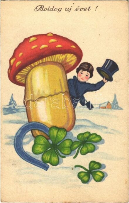1944 Boldog Újévet! / New Year greeting card, chimney sweeper with mushroom, clovers and horseshoe (EK)