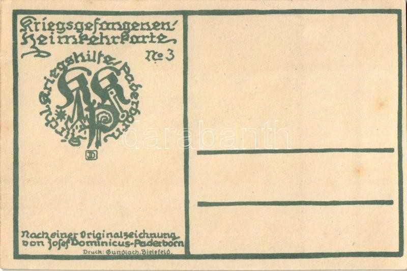 In der Heimat da giebt's ein Wiedersehn!. Kriegsgefangenen Heimkehrkarte No. 3. Kirchl. Kriegshilfe Paderborn / WWI German military, homecoming card for prisoners of war. Charity fund for POWs s: Josef Dominicus - Image 2