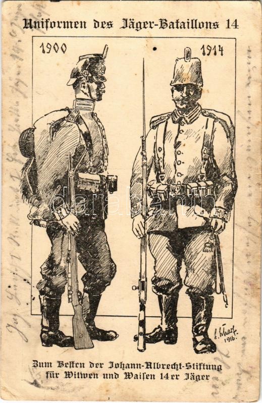 1917 Uniformen des Jäger-Bataillons 14 / WWI German military, uniforms of the 14th Rifleman Battalion 1900-1914. artist signed + 'S.B. I. E. J. B. 14. I. Rekr. Depot' (EK)