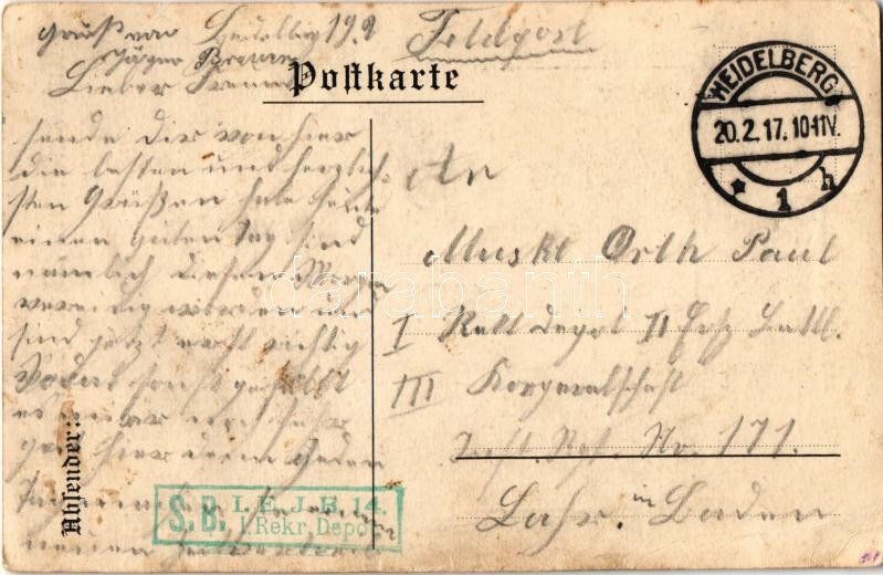 1917 Uniformen des Jäger-Bataillons 14 / WWI German military, uniforms of the 14th Rifleman Battalion 1900-1914. artist signed + 'S.B. I. E. J. B. 14. I. Rekr. Depot' (EK) - Image 2