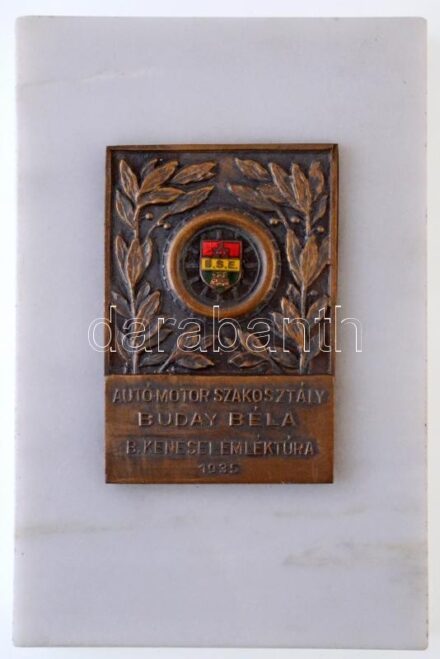 1935. 'BSE (Budapest Sport Egyesület) Autómotor Szakosztály Buday Béla B. Kenesei (Balatonkenesei) Emléktúra 1935' egyoldalas zománcbetétes Br plakett (59x40mm) fehér márványtalapzaton (73x111x16mm) T:2 Hungary 1935. 'Budapest Sport