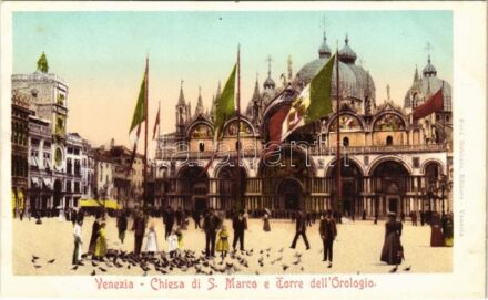 Venezia, Venice; Chiesa di S. Marco e Torre dell'Orologio / church, clock tower, square, flags, litho