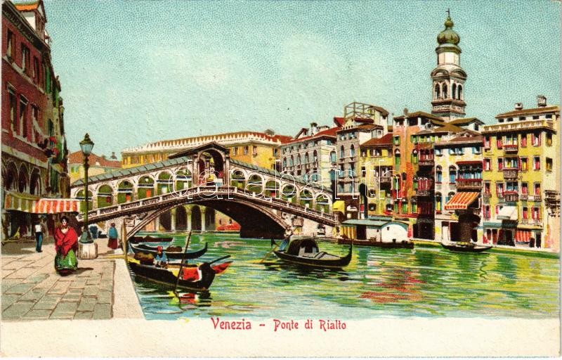 Venezia, Venice; Ponte di Rialto / bridge, gondola, litho