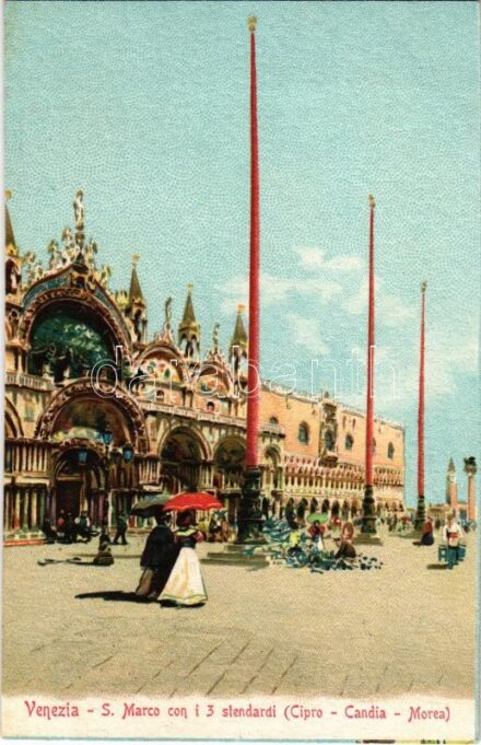 Venezia, Venice; S. Marco con i 3 stendardi (Cipro - Candia - Morea) / St Mark's Square with 3 flags, litho