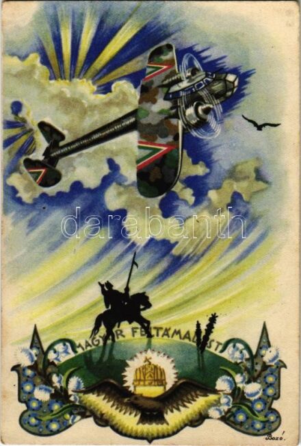1942 Magyar feltámadást! / Hungarian irredenta propaganda art postcard, military aircraft s: Bozó (EK)