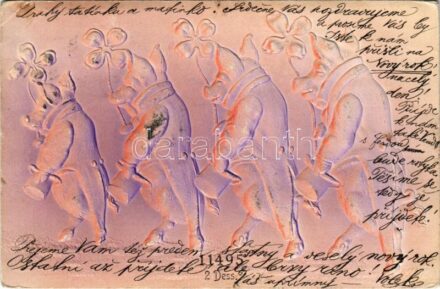 1903 New Year greeting card, Emb. pig gentlemen with clovers and hats. (EK)