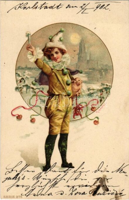 1902 New Year greeting with pig. Serie 276. litho s: R. Kratki