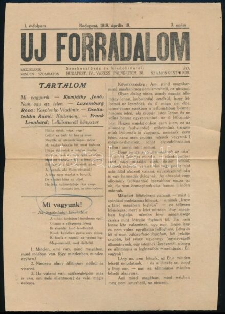 1919. április 19. Bp., Az Új Forradalom I. évfolyamának 3. száma, lelkesítő versekkel és írásokkal, kis szakadással, 2p