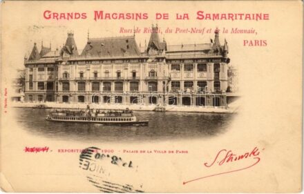 1900 Paris, Exposition Universelle de 1900. Palais de la Ville de Paris. Grands Magasins de la Samaritaine / International Exposition, World's Fair, steamship, advertising card. A. Taride (EK)
