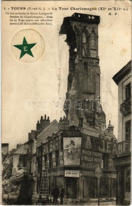 1930 Tours, La Tour Charlemagne / tower after the collapse, ladder. Esperanto sticker (EK)