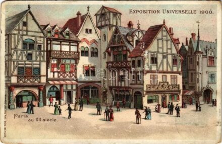 1900 Paris, Exposition Universelle de 1900. Paris au XII siecle / International Exposition, World's Fair, street scene from the 13th century. W. Hagelberg litho (EK)
