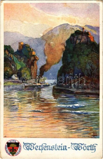 Sankt Nikola an der Donau, Burg Werfenstein, Wörth / castle ruins, steamship. Deutscher Schulverein Karte Nr. 289. Kunstdruckerei von Josef Eberle (EK)