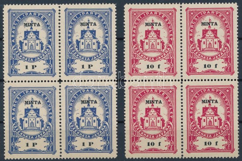 1930 Barcsi Ipartestület segélybélyeg 10f és 1P 1-1 négyestömbben MINTA felülnyomással