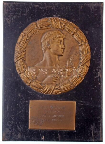 1930. 'Vezér István VII. o.t. 1929-1930 évi házi bajnoknak 350-400°-on' Br lemezplakett (85x52mm) és 'Bajnok' ábrázolású Br éremmel (140mm), fekete fatalapzaton, akasztóval (185x256x16mm) T:2-