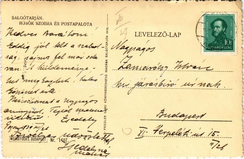 1933 Salgótarján, Magyar kir. posta és távirda, Hősök szobra. Friedler Samu kiadása, Weinstock E. Nr. 1487. (EK) - Image 2