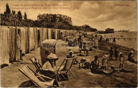 1912 Crikvenica, Cirkvenica; Tengeri és homokfürdő a Hotel Miramare szálloda előtt / Seebad und sand Plage vor dem gr. Hotel Miramare / sandy beach, bathers, sunbathing, hotel